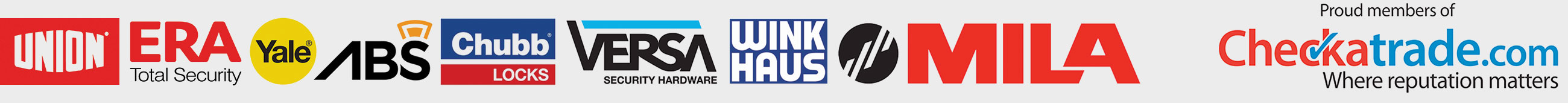 Checkatrade logo, Union Member, ERA Total Security, Yale, ABS, Chubb Locks, Versa Security Hardware, Wink Haus, Mila, Checkatrade.com, Chekatrade